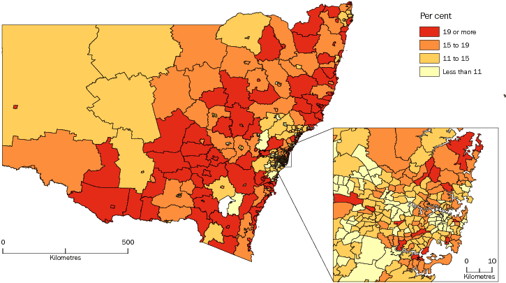 Diagram: POPULATION AGED 65 YEARS AND OVER, Statistical Areas Level 2, New South Wales—30 June 2013