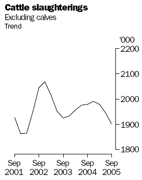 Graph of cattle slaughterings, September 2001 to September 2005
