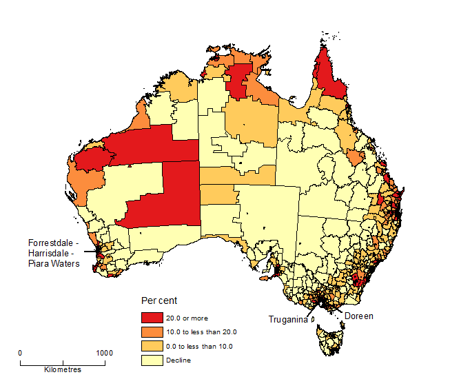 Map of Population change by SA2, Australia, 2006-16