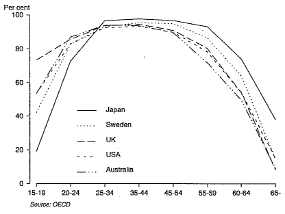 Chart 11 shows an international comparison of the Australian male life cycle profile for the year 1991 with Sweden, United States, United Kingdom and Japan.