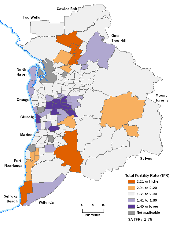 Greater Adelaide 2016 Total Fertility Rates by Statistical Area Level 2