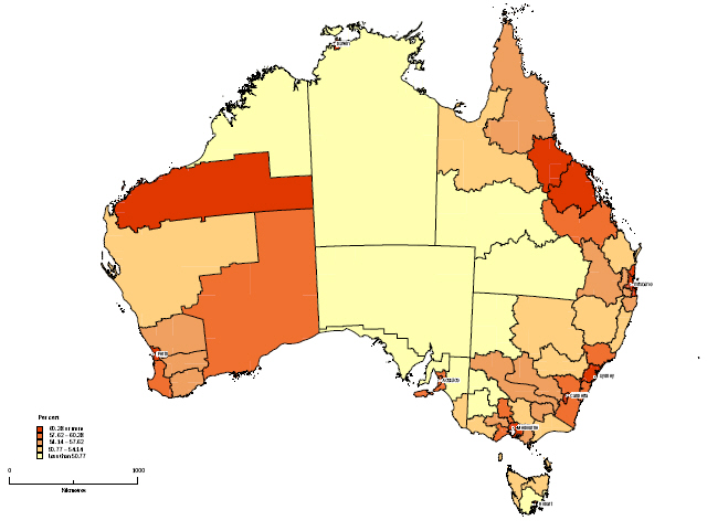 Map: Figure 6 Percentages of occupied private dwellings with Internet connection by 2006 Statistical Divisions for Australia.