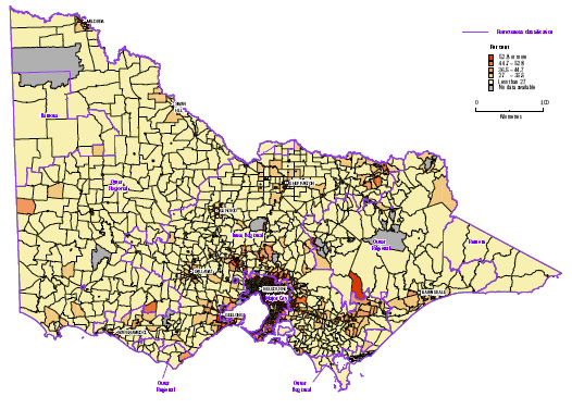 Map: Figure 9 Percentages of occupied private dwellings with Broadband connection by Collection Districts for Victoria 2006.