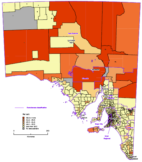Map: Figure 11 Percentages of occupied private dwellings with Broadband connection by Collection Districts for South Australia 2006.