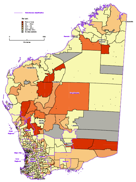 Map: Figure 12 Percentages of occupied private dwellings with Broadband connection by Collection Districts for Western Australia 2006.