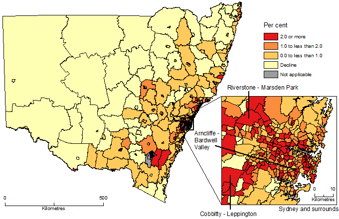 Image: Map showing Population Change by SA2, New South Wales, 2016-17