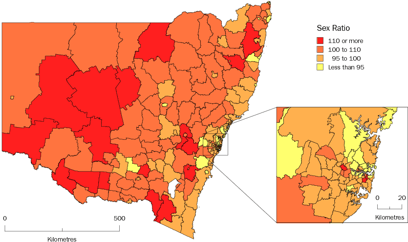Diagram: MALES PER 100 FEMALES, Statistical Local Areas, New South Wales—30 June 2010