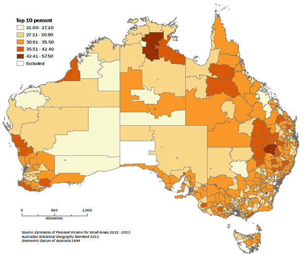 Percentage of total income contributed by top 10% of earners, SA2 regions, Australia, 2012-13