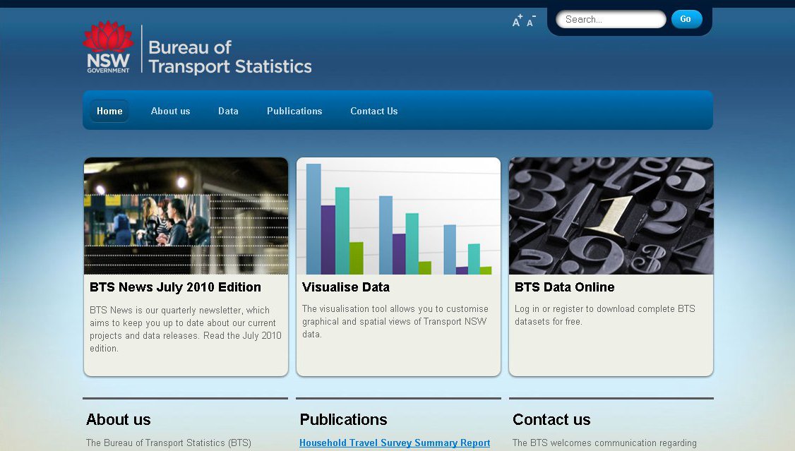 Image: Proposed homepage of the re-developed Bureau of Transport Statistics website.