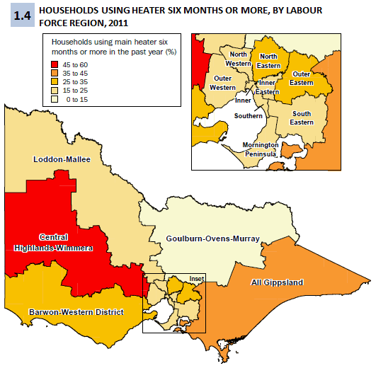 Figure 1.4 Household using heater six months or more, by Labour Force Region, Victoria, 2011