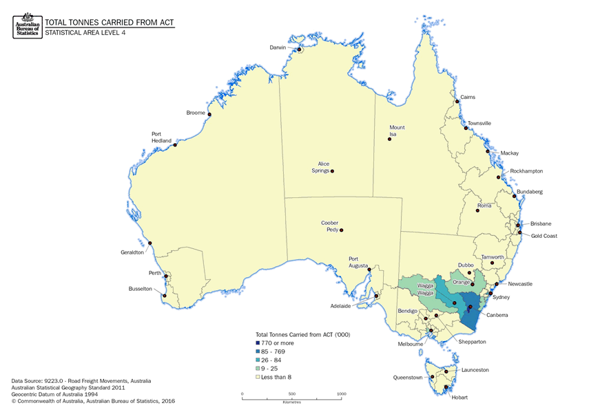 Image: Thematic map,Total Tonnes Carried from the Australian Capital Territory to Destination (Statistical Area Level 4)