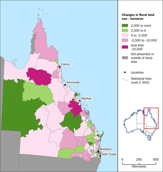 Map: SA2 level changes in Rural land use between 30 June 2011 and 30 June 2016