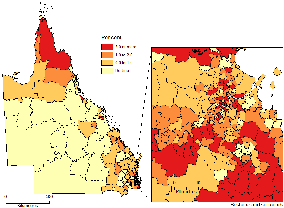 Diagram: POPULATION CHANGE BY SA2, Queensland - 2014-15