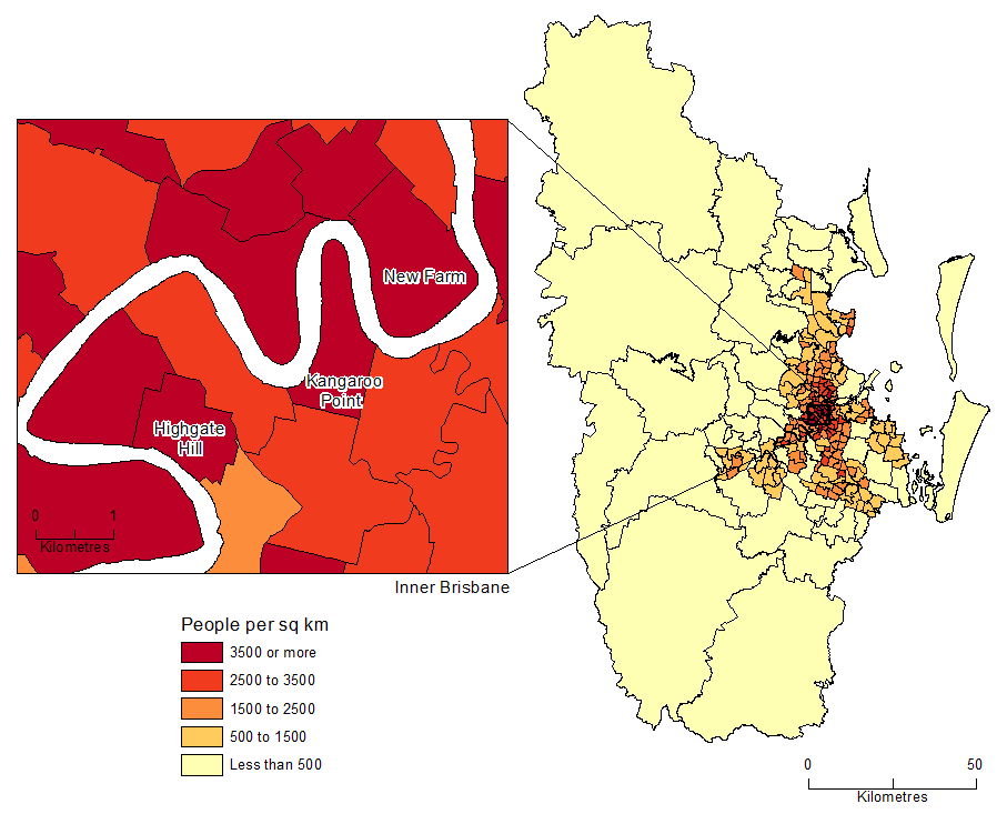 Diagram: POPULATION DENSITY BY SA2, Greater Brisbane - June 2015