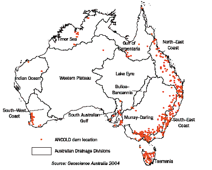 Diagram: E.3 Location of Australia's large dams, by drainage division—June 2005