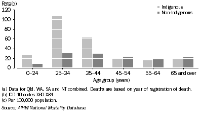 Graph: 9.22 Male death rates, intentional self harm, by Indigenous status and age, Qld, Wa, SA and NT combined, 2001-2005