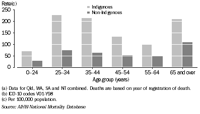 Graph: 9.20 Male death rates, external causes of morbidity and mortality, by Indigenous status and age, Qld, WA, SA and NT combined, 2001-2005