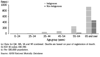 Graph: 9.28 Male death rates, respiratory diseases, by Indigenous status and age, Qld, WA, SA and NT combined, 2001-2005