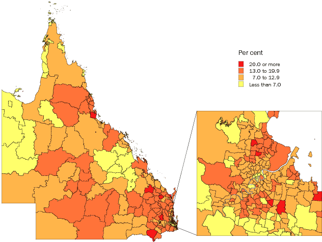Diagram: Population aged 65 years and over, Statistical Local Areas, Queensland, 2007
