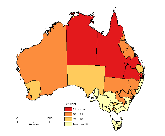Diagram: POPULATION AGED LESS THAN 15 YEARS, Statistical Areas Level 4, Australia - 30 June 2014