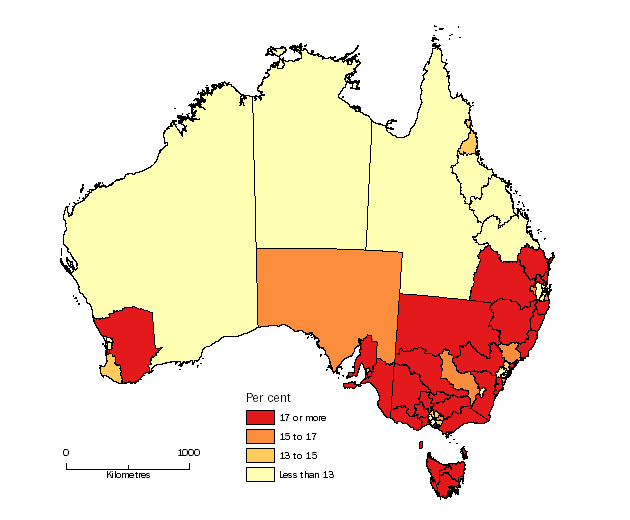 Diagram: POPULATION AGED 65 YEARS AND OVER, Statistical Areas Level 4, Australia - 30 June 2014
