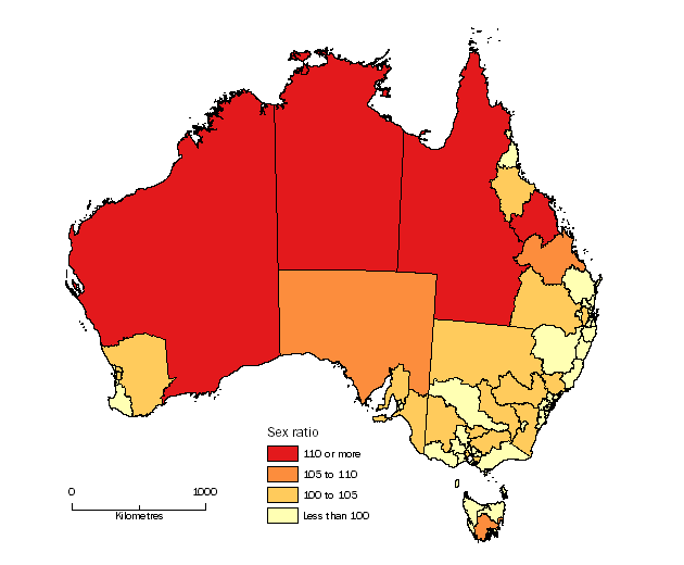 Diagram: MALES PER 100 FEMALES, Statistical Areas Level 4, Australia - 30 June 2014