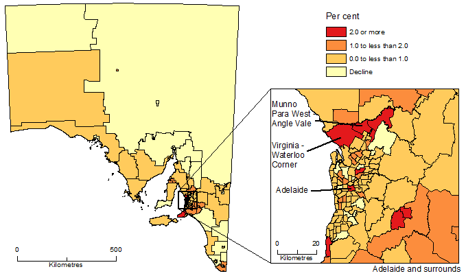 Image: Map showing Population Change by SA2, South Australia, 2016-17