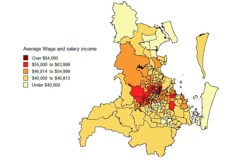 Map showing average Wage and salary incomes by SLA in the Brisbane Statistical Division in 2008-09