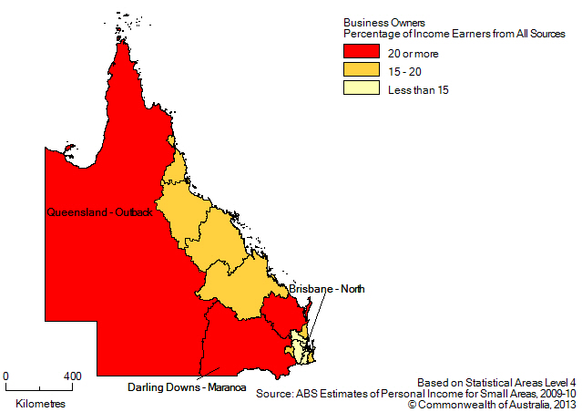 Map: BUSINESS OWNERS (a), Percentage of income earners by SA4, Queensland- 2009-10