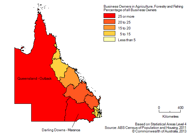 Map: PERCENTAGE OF BUSINESS OWNERS IN THE AGRICULTURE, FORESTRY AND FISHING INDUSTRY BY SA4(a), Queensland - 2011