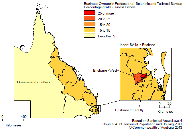 Map: PERCENTAGE OF BUSINESS OWNERS IN THE PROFESSIONAL, SCIENTIFIC AND TECHNICAL SERVICES INDUSTRY BY SA4(a), Queensland - 2011
