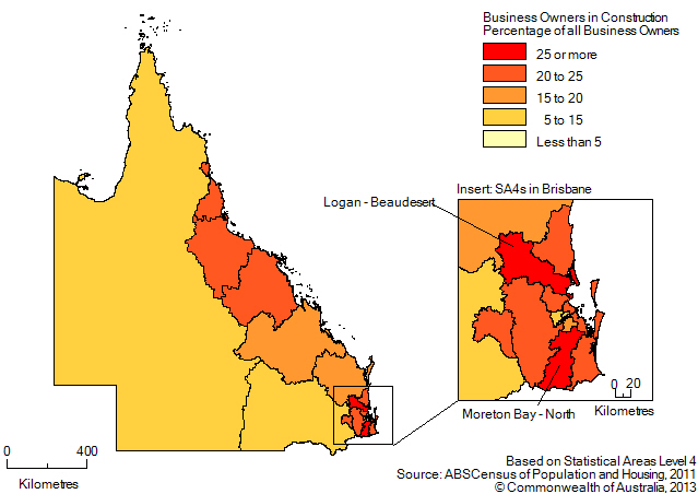 Map: PERCENTAGE OF BUSINESS OWNERS IN THE CONSTRUCTION INDUSTRY BY SA4 (a), Queensland - 2011