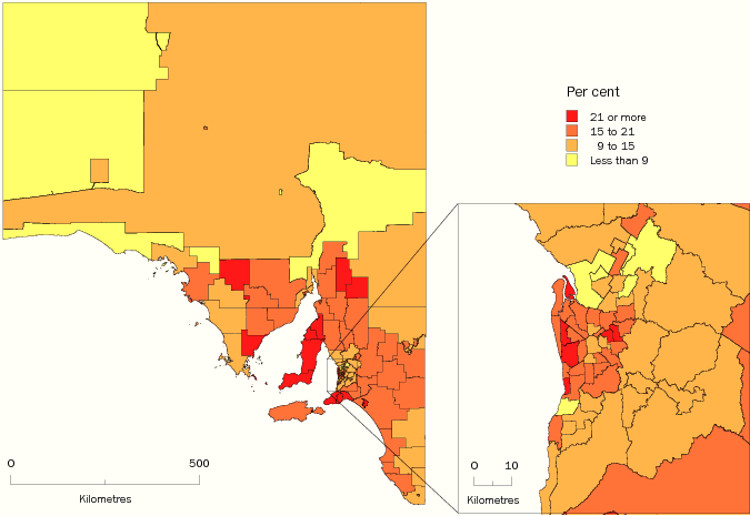 Diagram: Population aged 65 years and over, Statistical Local Areas, SA, 2008