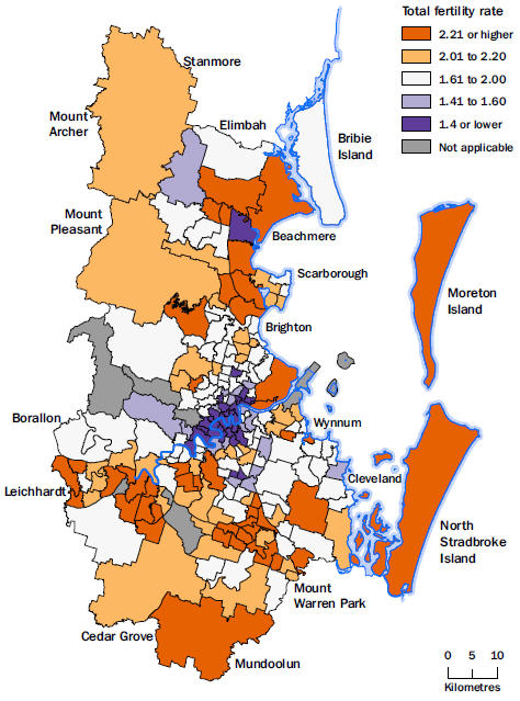 Map: Total fertility rates, Greater Brisbane, by Statistical Area Level 2, 2014