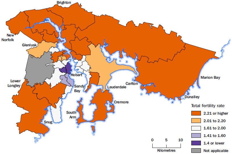 Map: Total fertility rates, Greater Hobart, by Statistical Area Level 2, 2014