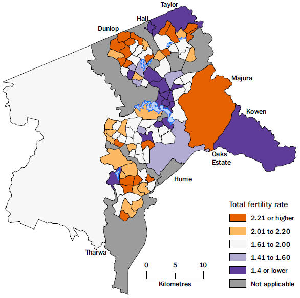 Map: Total fertility rates, Canberra, by Statistical Area Level 2, 2014