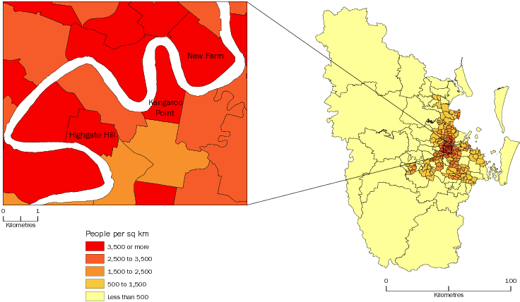Diagram: POPULATION DENSITY BY SA2, Greater Brisbane—June 2013