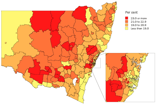 Diagram: Population aged less than 15 years, Statistical Local Areas, NSW, 2007