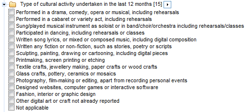 Picture: screen shot of type of cultural activity undertaken in the last 12 months data item.