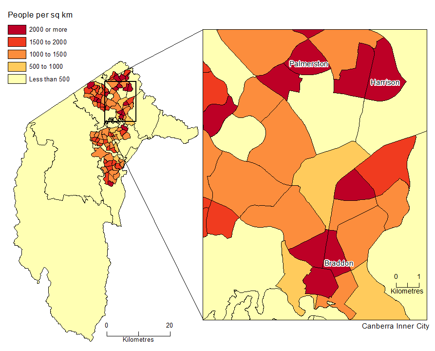 Diagram: POPULATION DENSITY BY SA2, Australian Capital Territory - June 2015