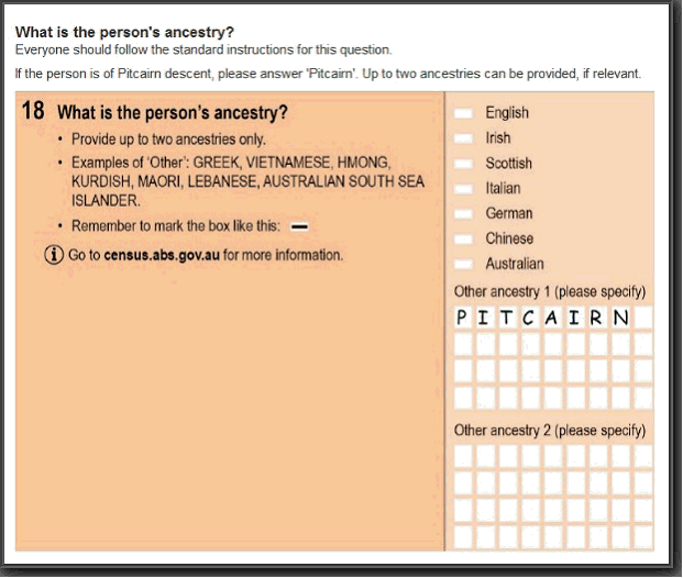 Image: 2016 Household Paper Form - Question 18. What is the person's ancestry? If the person is of Pitcairn descent, please answer 'Pitcairn'.