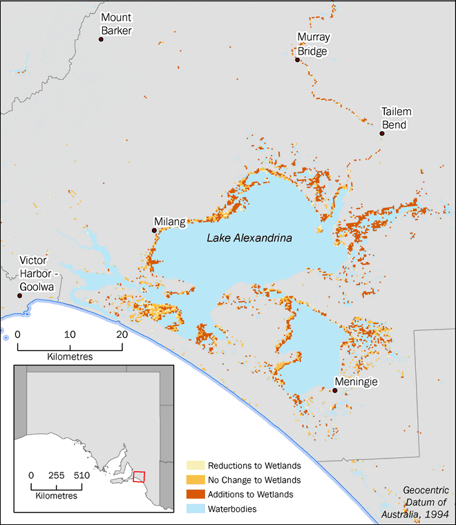 Map showing locations where the land cover class Wetlands has increased, decreased or remained constant