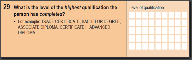Image:2016 Household Paper Form - Question 29. What is the level of the highest qualification the person has completed?