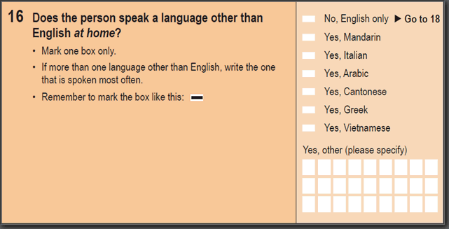 Image: 2016 Household Paper Form - Question 16. Does the person speak a language other than English at home? 