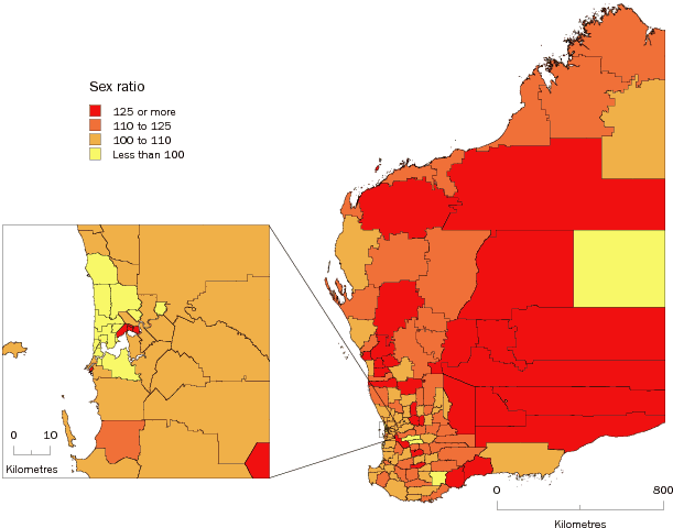 Map: Males per 100 females, Statistical Local Areas, Western Australia - 30 June 2009