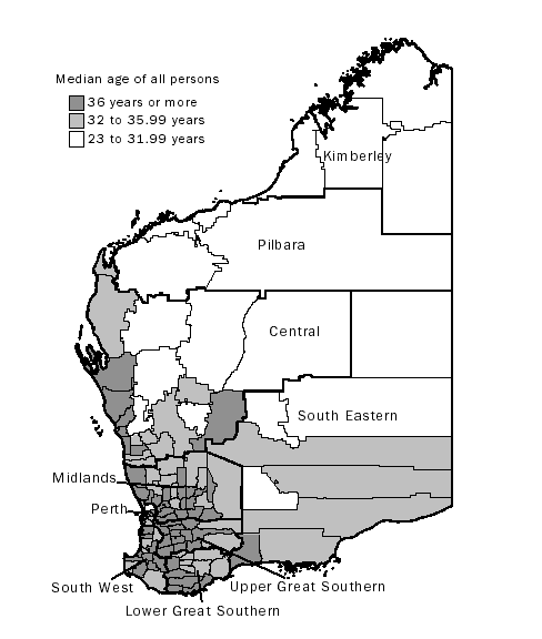 A map of Western Australia showing the median age of all persons by statistical division