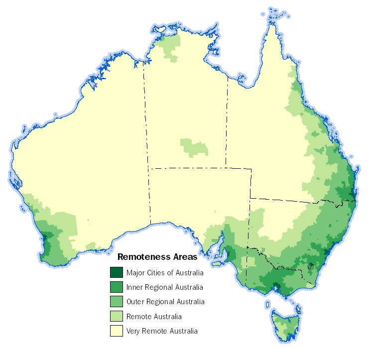 Map detailing the 5 different 2016 Remoteness Area categories.