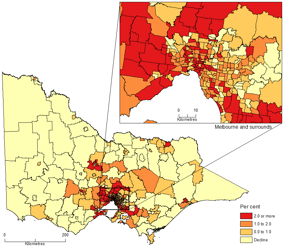 Diagram: POPULATION CHANGE BY SA2, Victoria - 2014-15