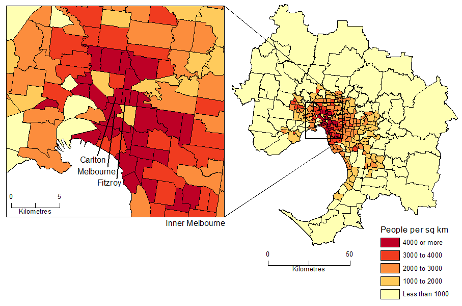 Diagram: POPULATION DENSITY BY SA2, Greater Melbourne - June 2015