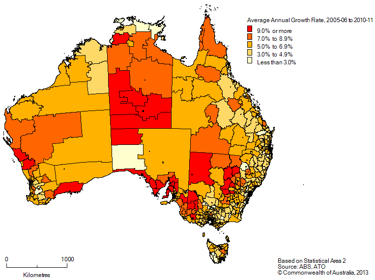 Map of Average annual growth rate, SA2 regions in Australia, 2005-06-2010-11